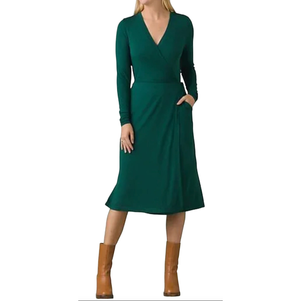 PRANA DEEP PINE HEATHER GREEN FOUNDATION LONG SLEEVE WRAP DRESS SMALL 1966871